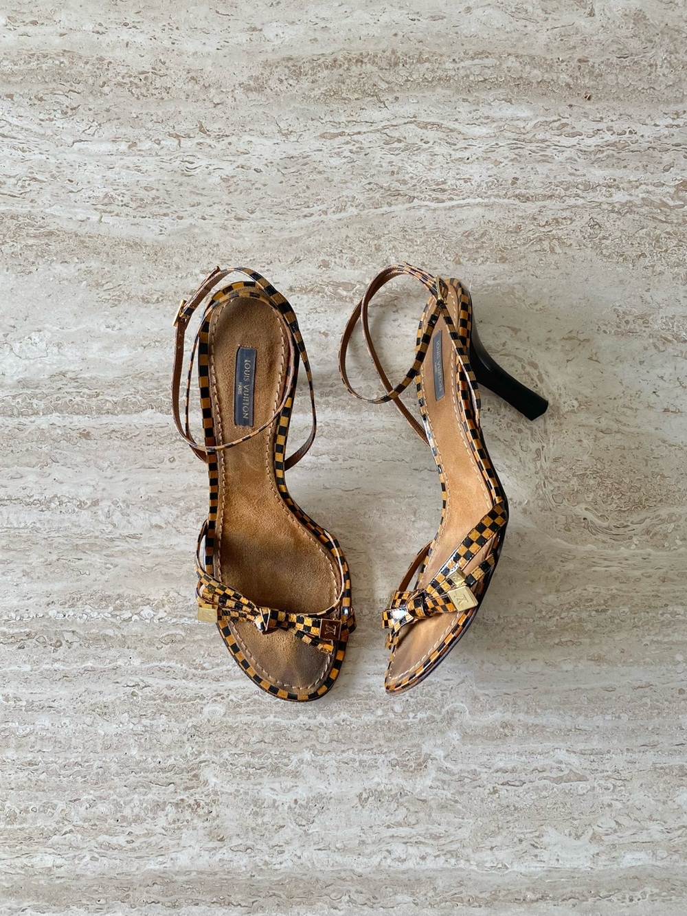 Vintage Louis Vuitton Damier LV Bow Ankle Strap Sandal Heels